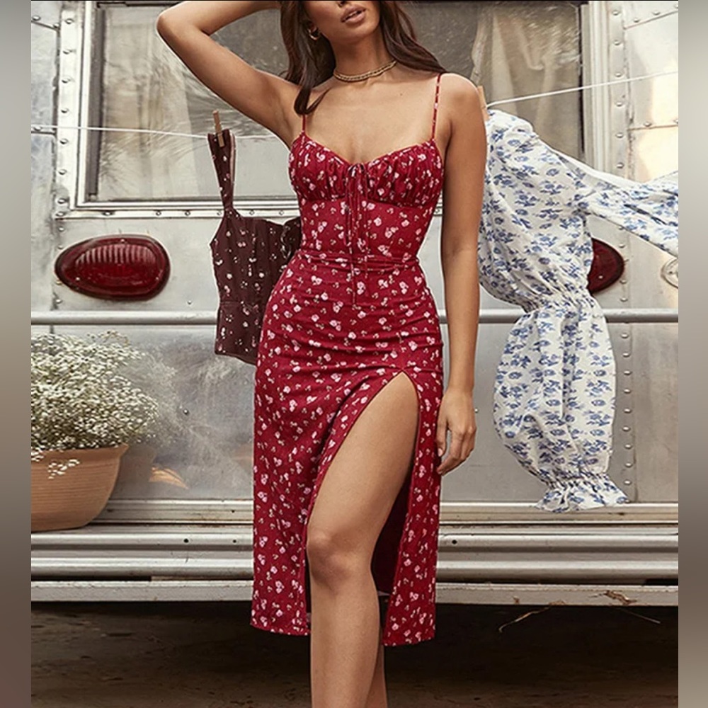 Boho High slit Midi Floral Dress in Burgundy
